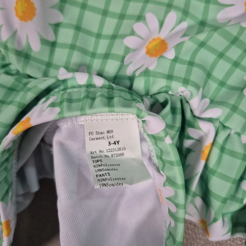Green Gingham Daisy Ruffle Tankini Swimsuit Set 3-4Y